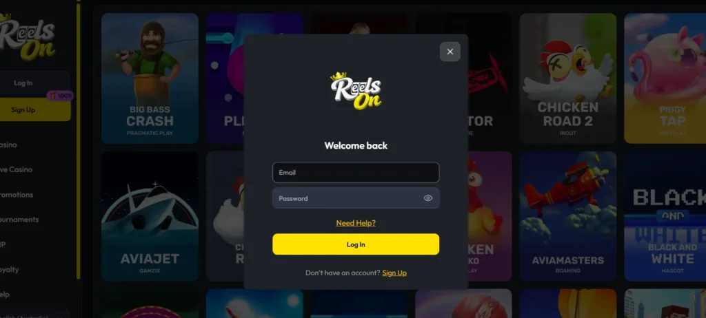 Casino ReelsOn Australia account login interface
