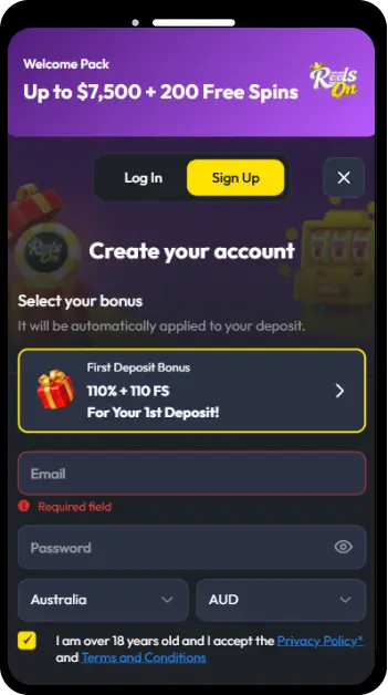 ReelsOn Casino App registration and account creation