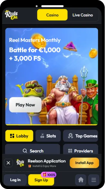 ReelsOn Casino mobile application interface on smartphone