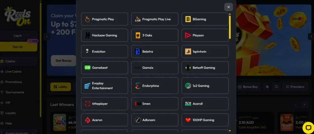 ReelsOn Casino game filter with available providers