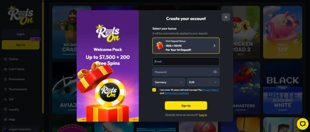 ReelsOn Online Casino sign up page with account registration