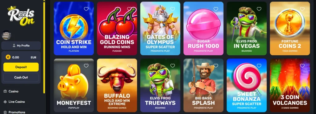 Online Casino ReelsOn pokies and slots games lobby
