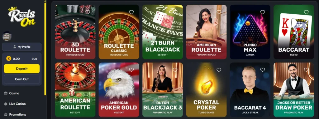 Online ReelsOn Casino popular table games selection