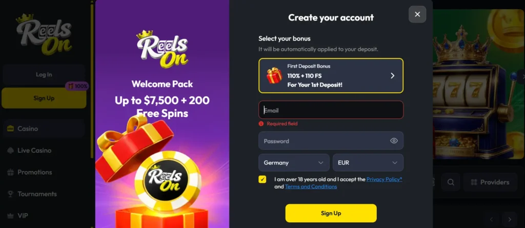 ReelsOn online casino account access for real money gaming
